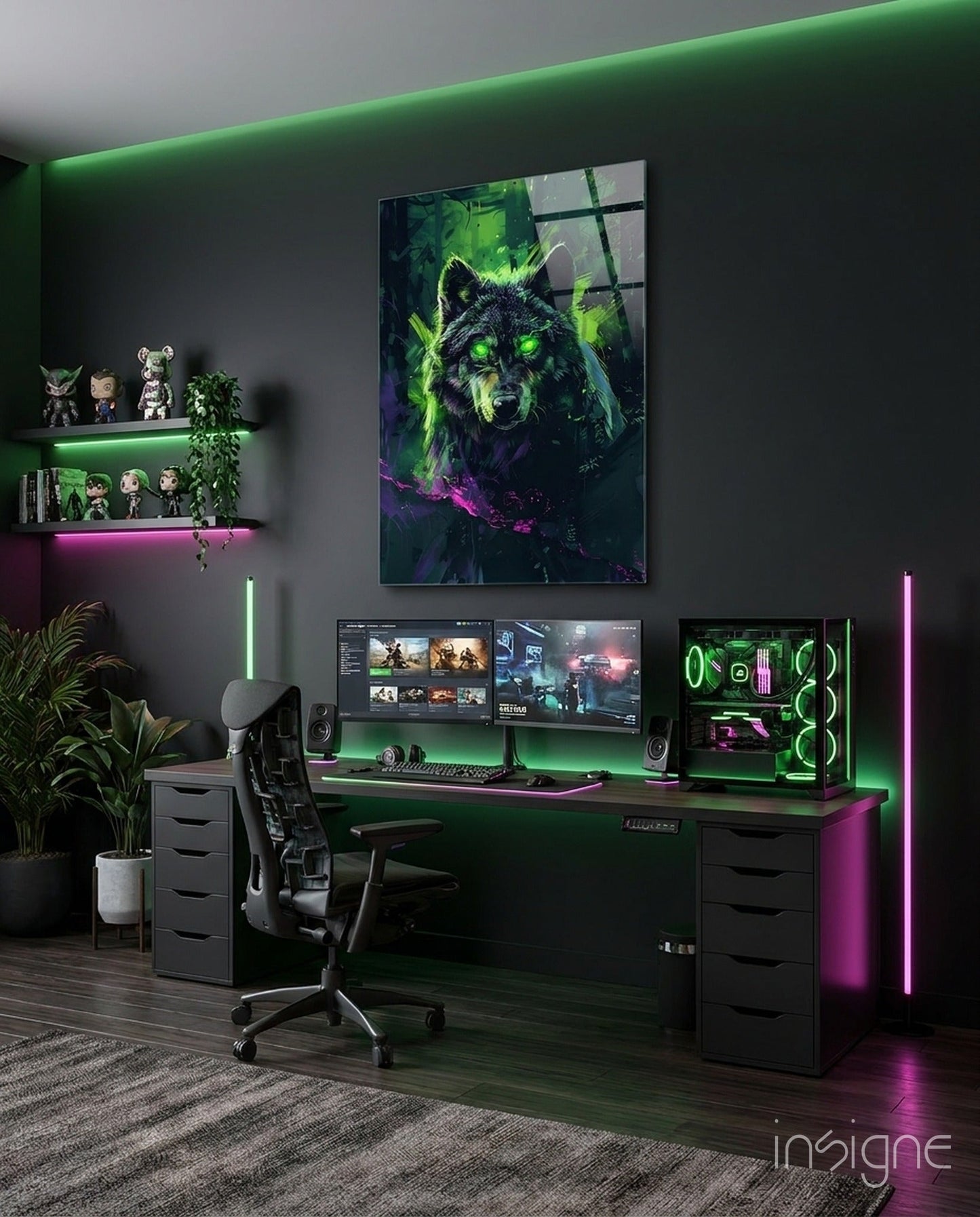 Neon mystic wolf glass wall art in emerald and magenta