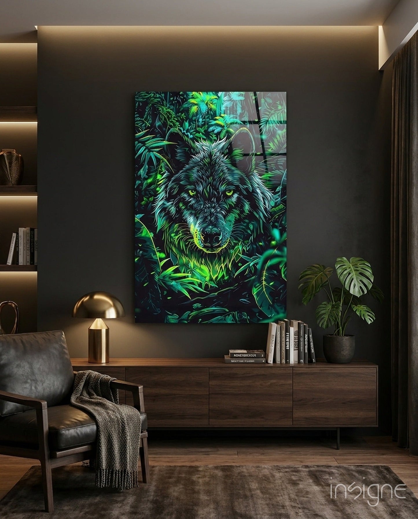 Charcoal jungle wolf glass wall art with emerald foliage