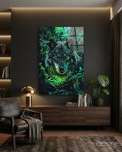 Charcoal jungle wolf glass wall art with emerald foliage