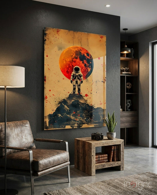 Vintage Poster Astronaut Glass Wall Art with scarlet moon