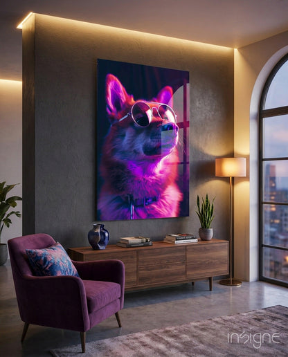 Shiba Inu in sunglasses glass wall art, neon magenta-violet glow