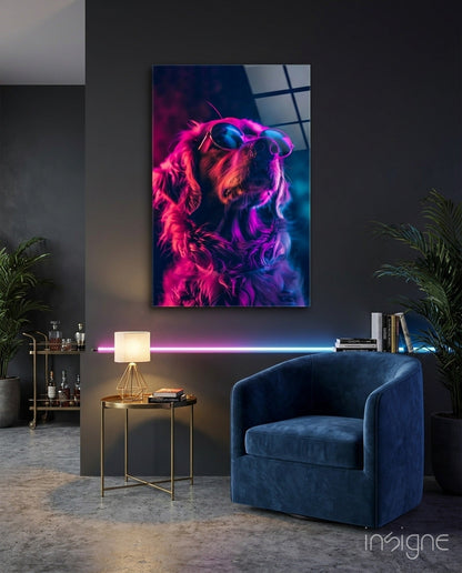 Golden retriever in sunglasses glass wall art, neon magenta-cyan glow