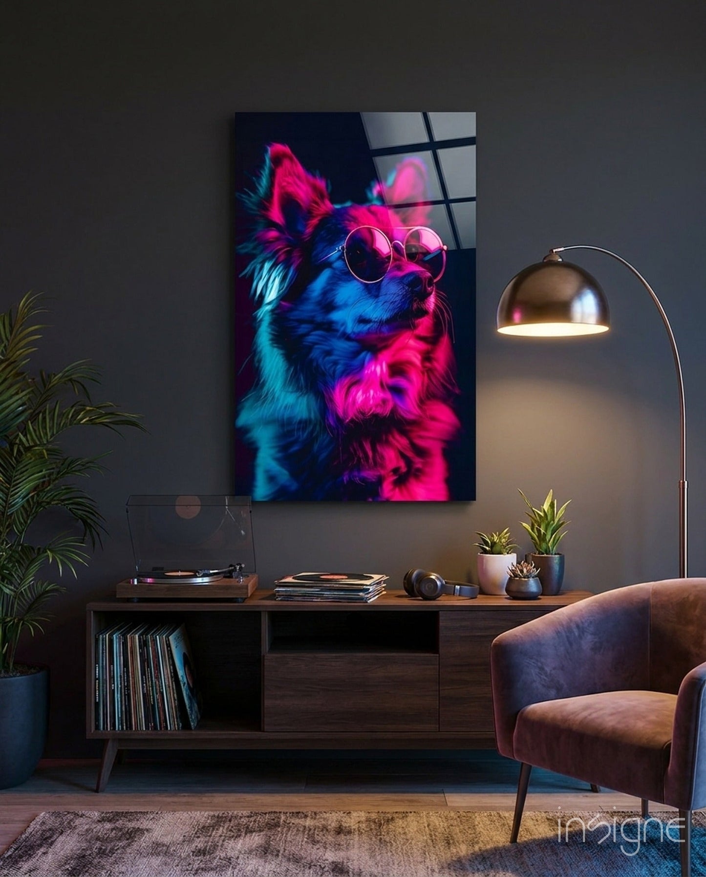 Dog with glasses glass wall art, smart dog wearing glasses on high-gloss tempered glass