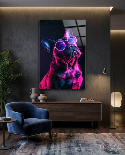 French bulldog in sunglasses glass wall art, neon magenta-cyan glow