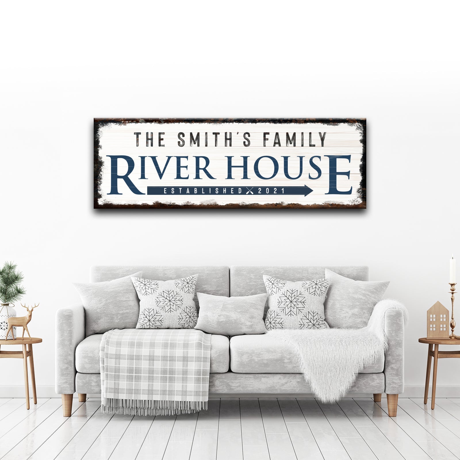 Personalized Family River House arrow canvas sign with family name