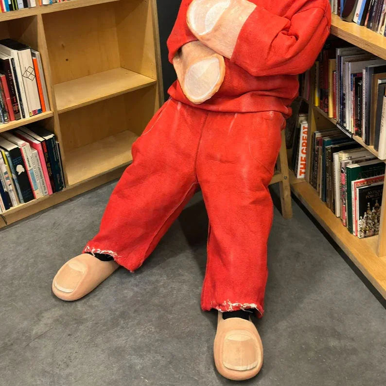 Damuge novelty toe slippers styled with red outfit – cozy plush home slippers fashion look