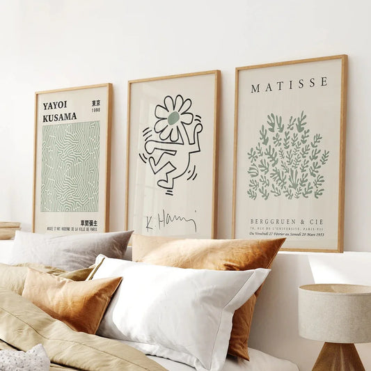 Sage green modern abstract cutout and dot wall art set of 3