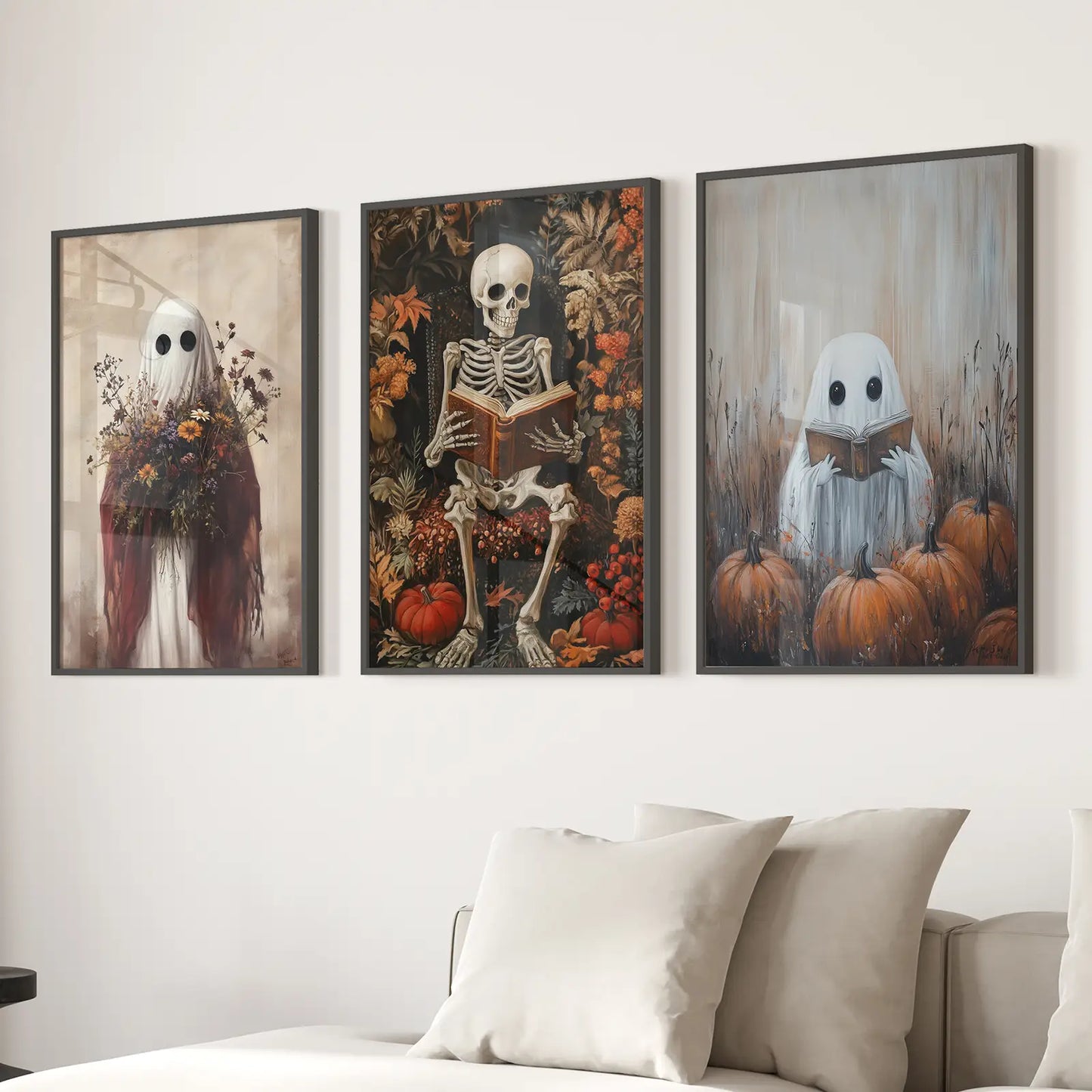 Halloween Skeleton Ghost Wall Art Set of 3 Prints