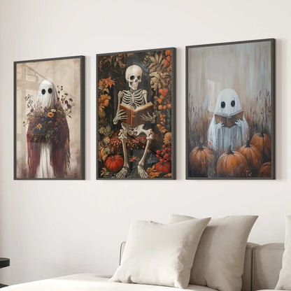 Halloween Skeleton Ghost Wall Art Set of 3 Prints