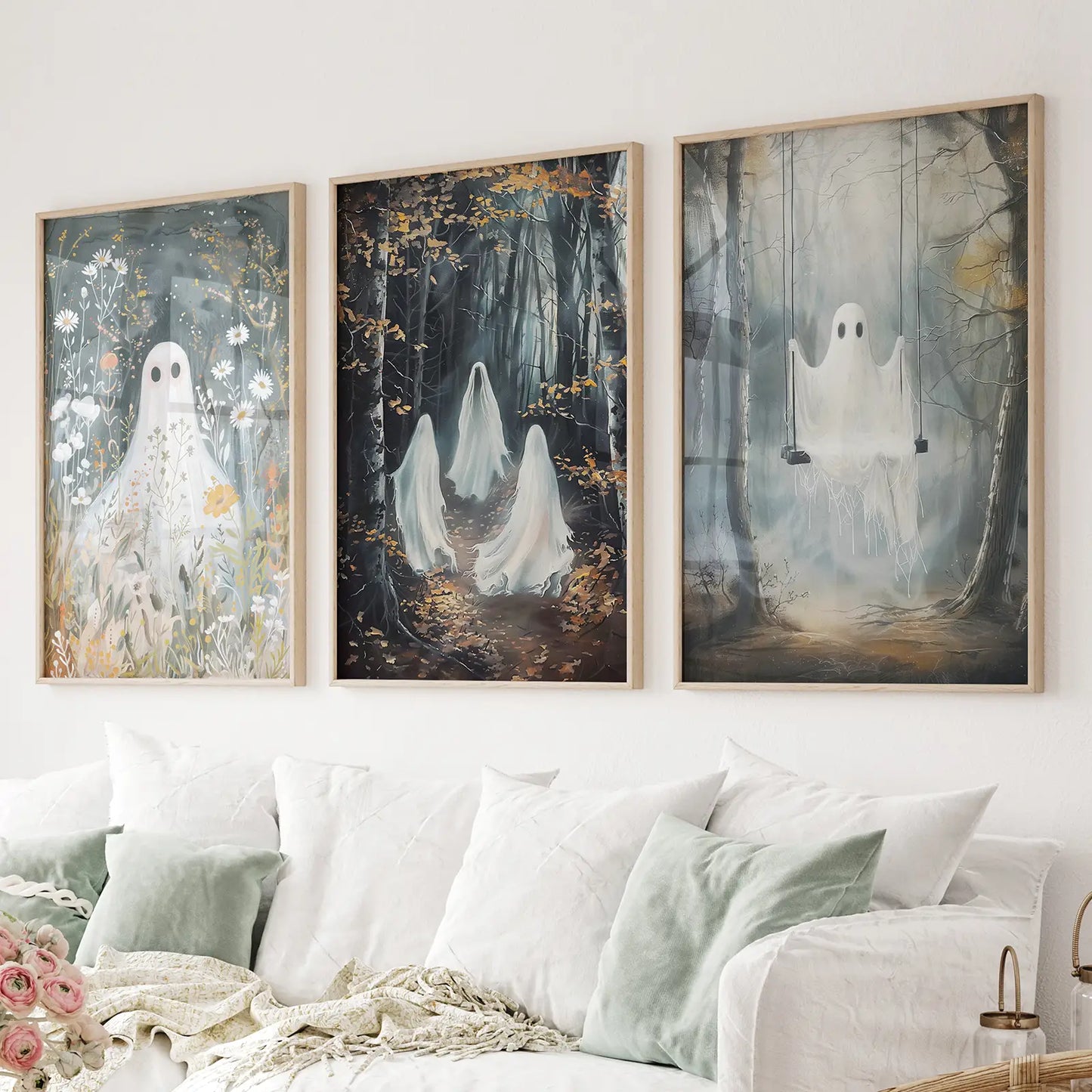 Halloween ghost wall art set of 3 gothic prints