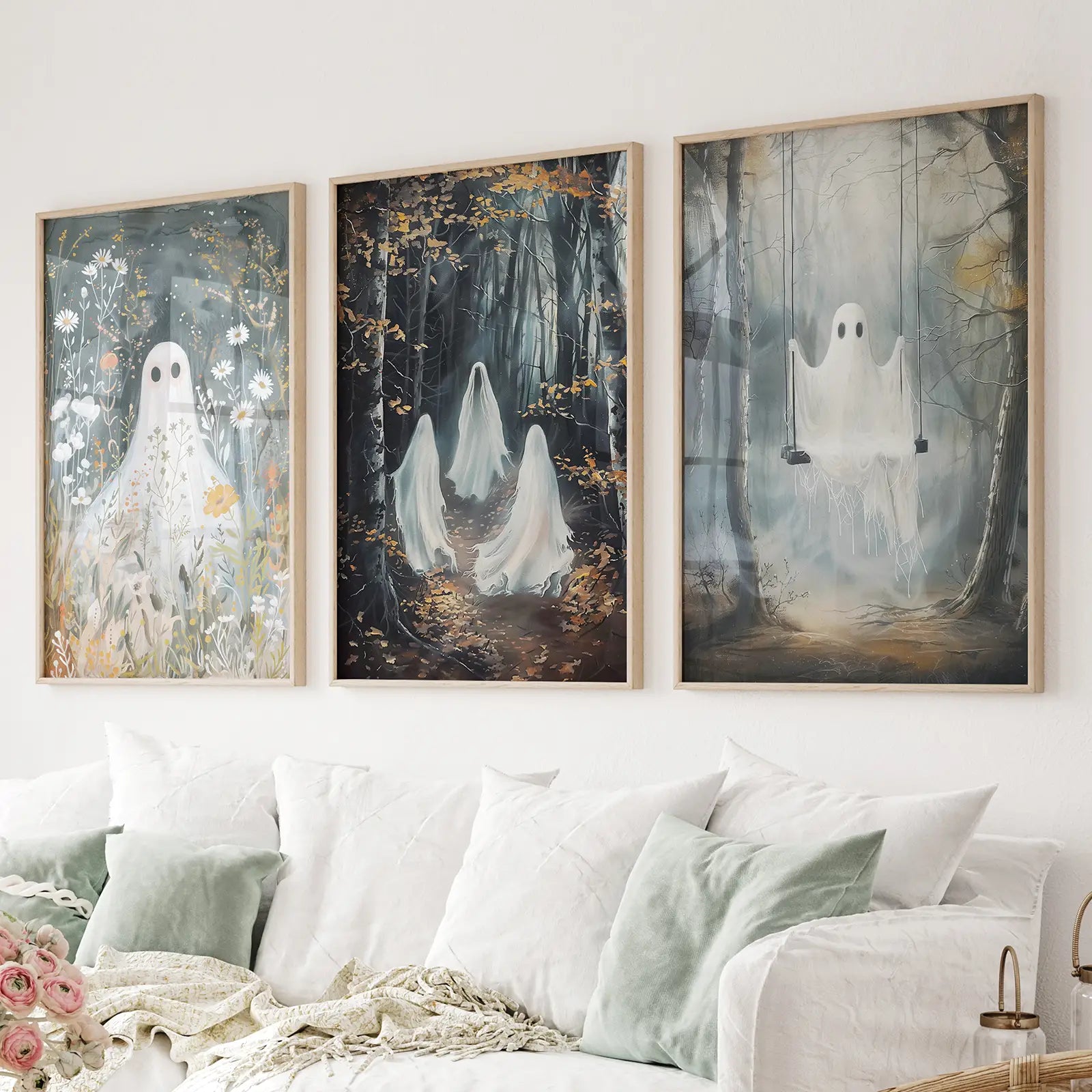 Halloween ghost wall art set of 3 gothic prints
