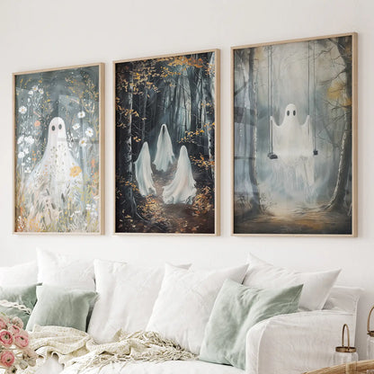 Halloween ghost wall art set of 3 gothic prints