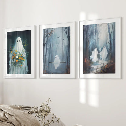 Cute Ghosts Halloween Wall Art Set of 3 Prints