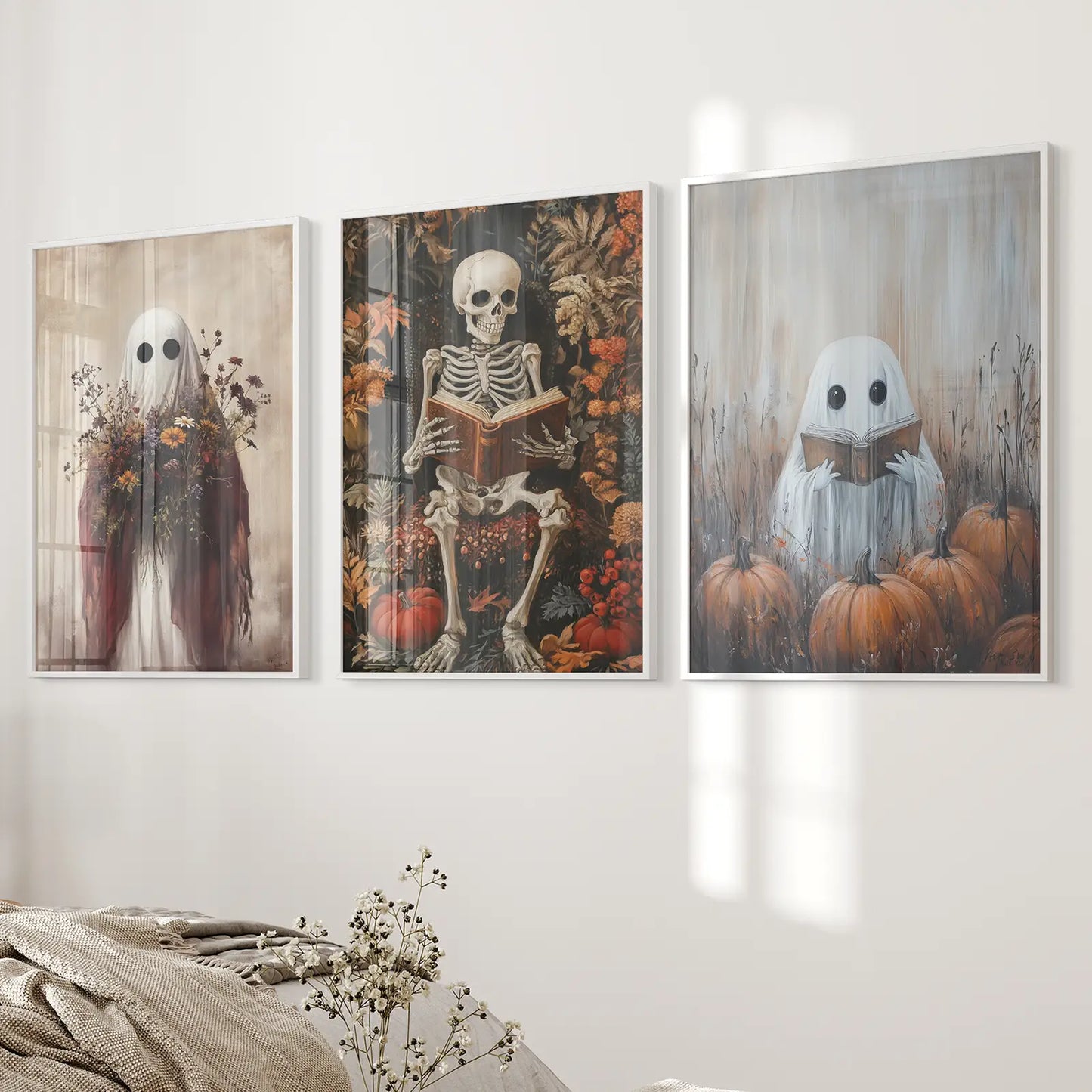 Halloween Skeleton Ghost Wall Art Set of 3 Prints