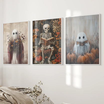 Halloween Skeleton Ghost Wall Art Set of 3 Prints