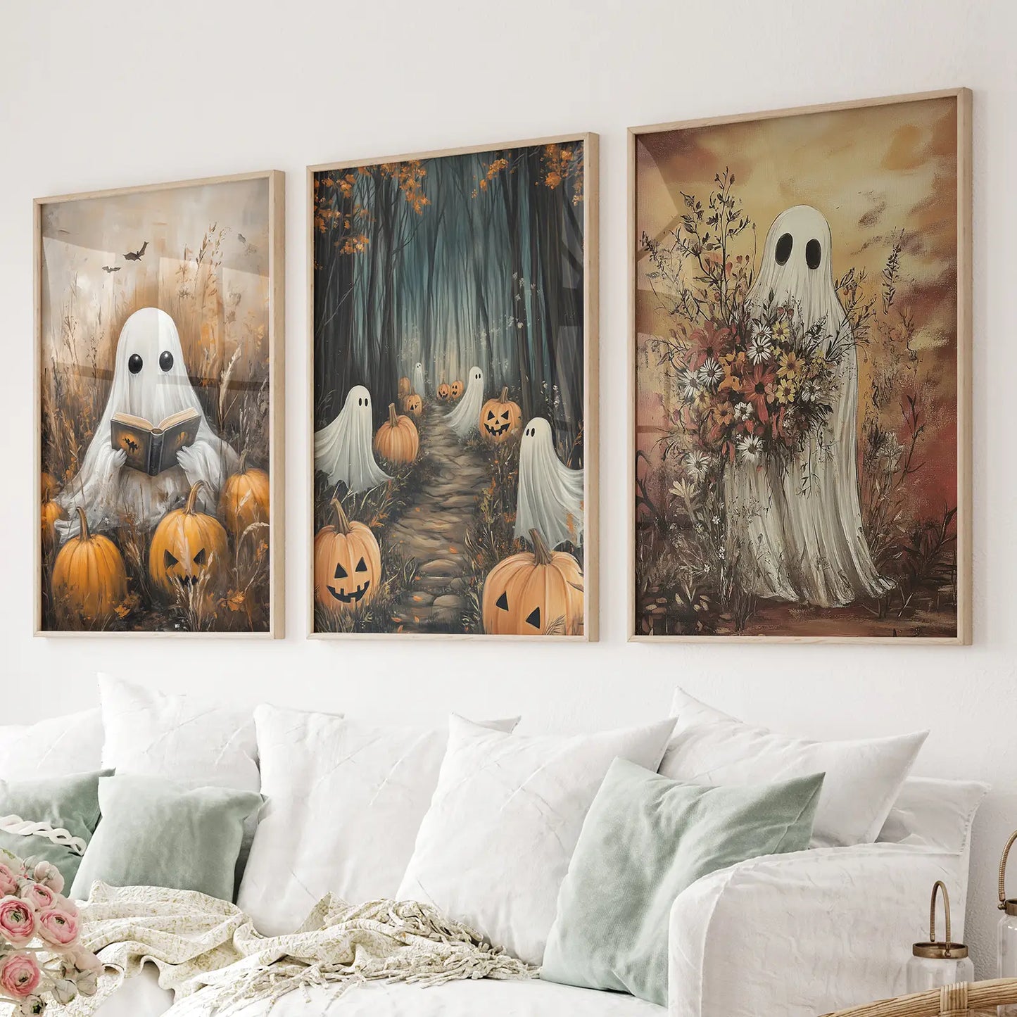 Spooky Ghosts Halloween Wall Art Set of 3 Prints