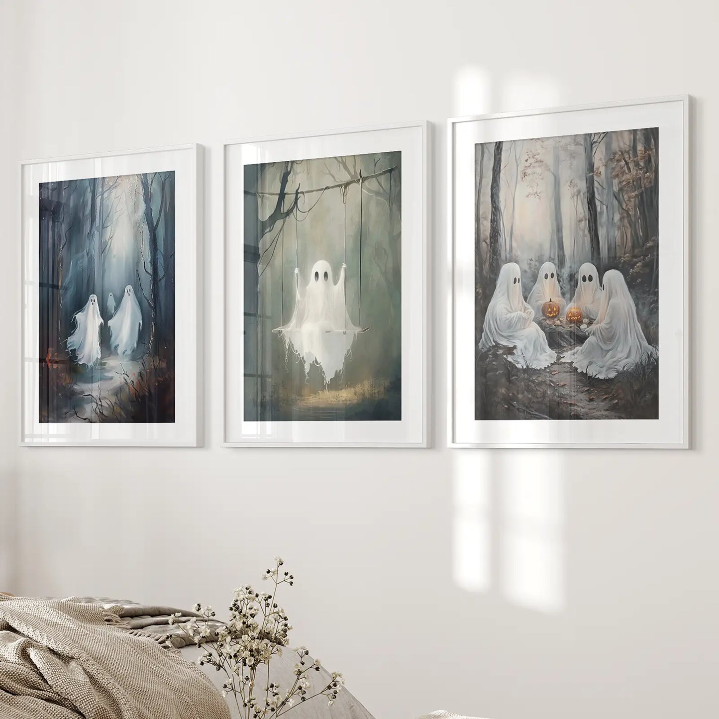 Spooky Ghost Halloween Wall Art Set of 3 Prints