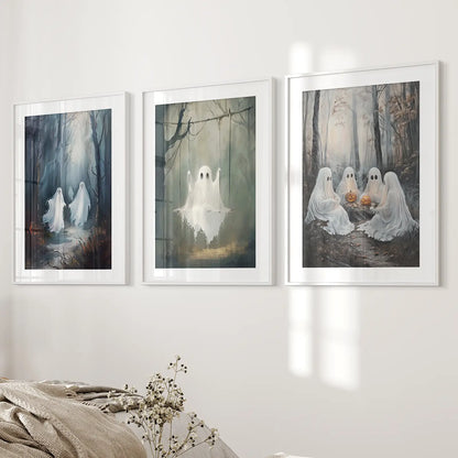 Spooky Ghost Halloween Wall Art Set of 3 Prints