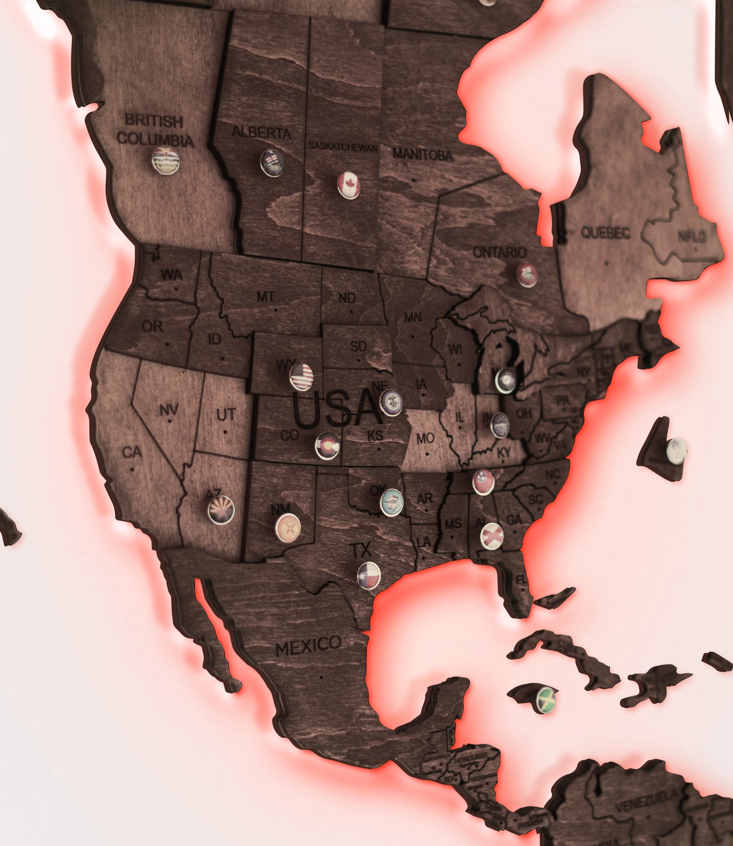 LED Wooden World Map Wall Art - Dark Walnut