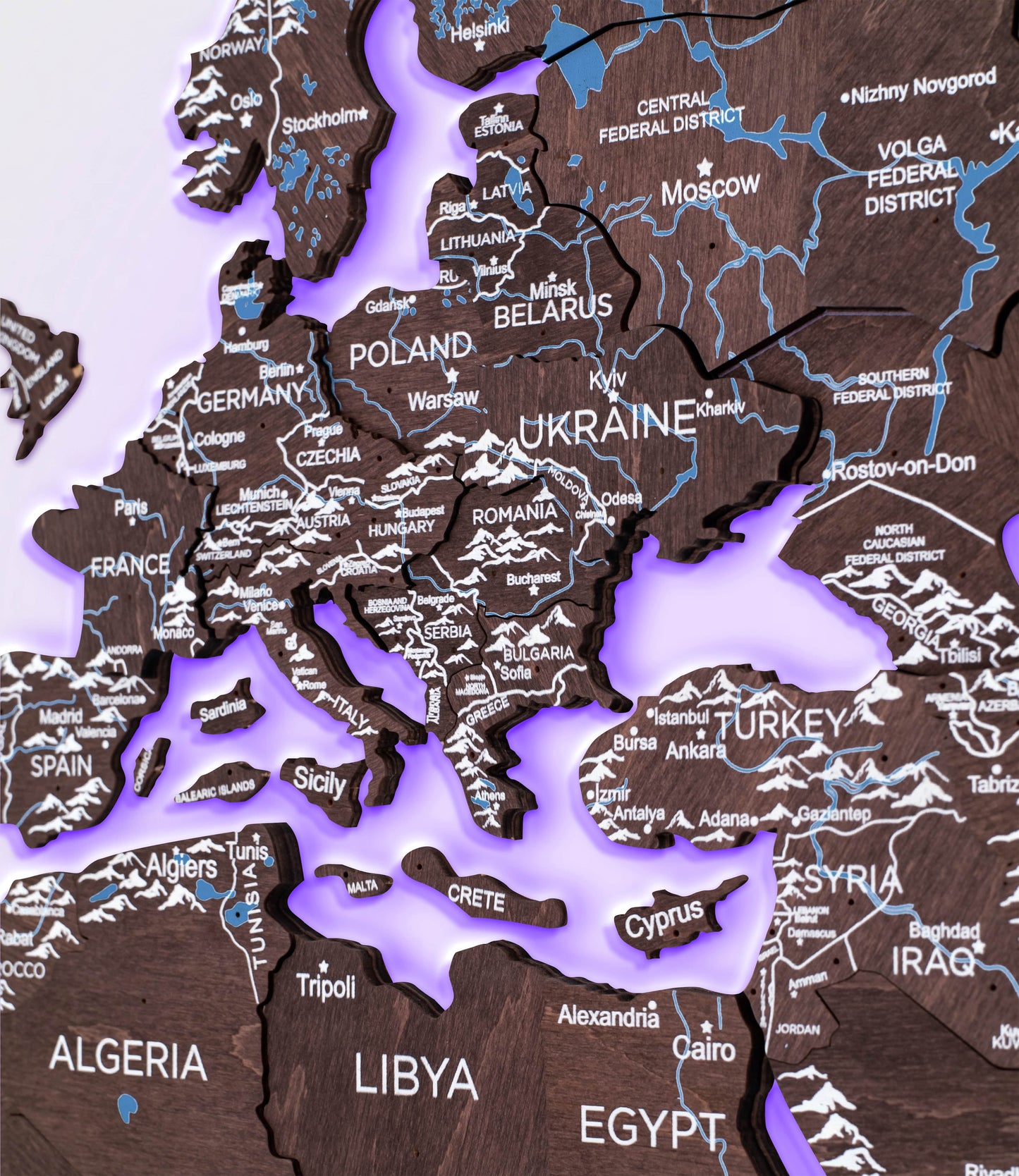 LED Wooden World Map Wall Art - Dark Walnut