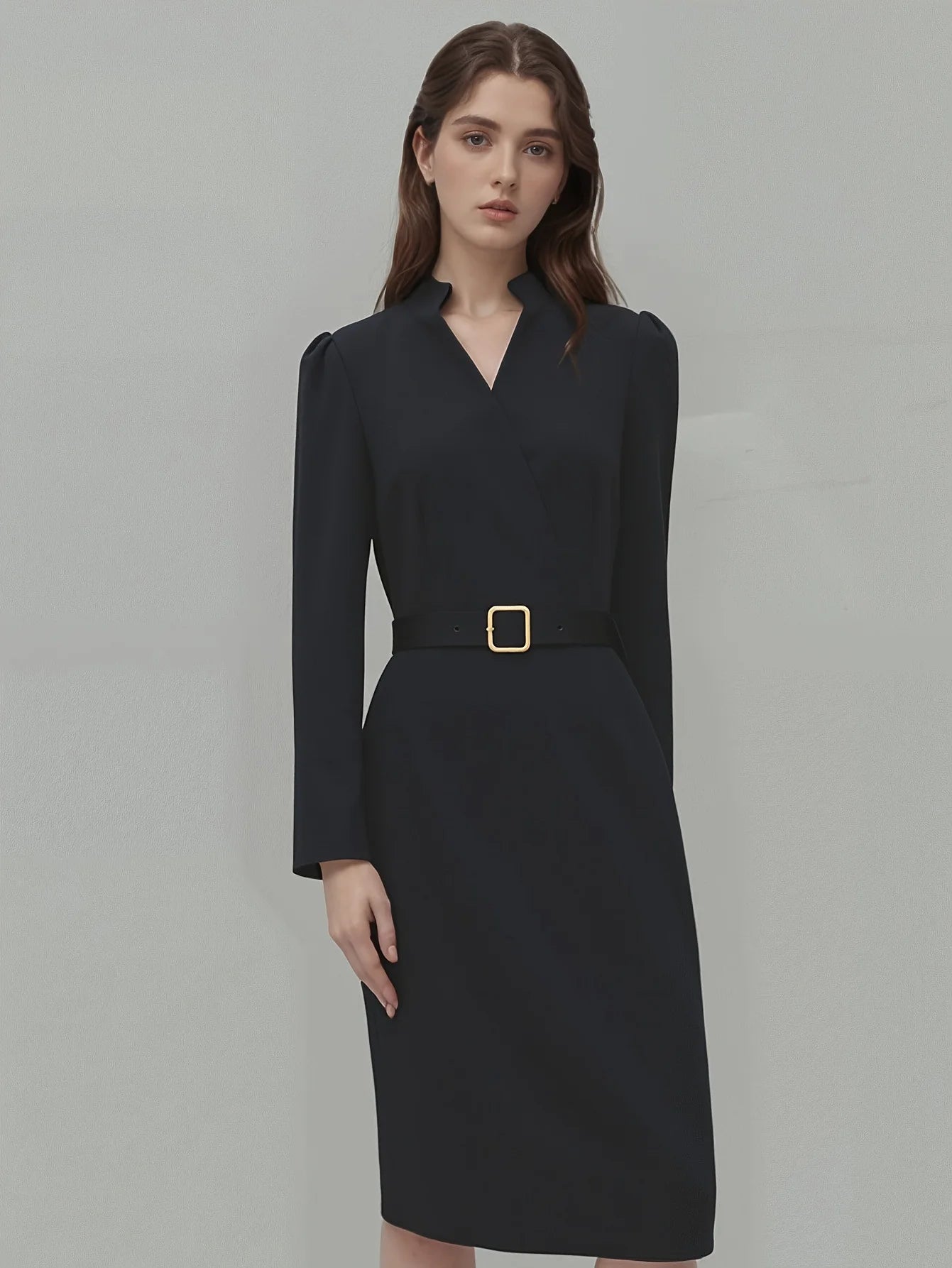 Dark Blue elegant belted V-neck midi dress displayed against a clean neutral background
