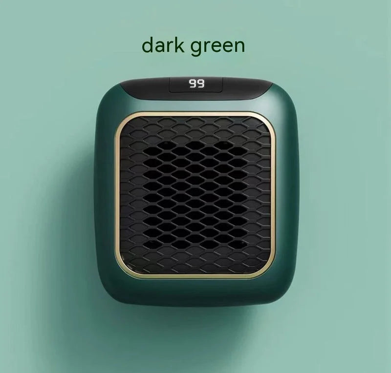 Dark green mini fan heater with gold trim and digital temperature display