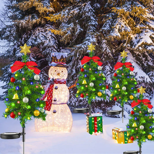 Decorative Christmas scene with solar Christmas trees, a snowman, and presents in a snowy landscape.