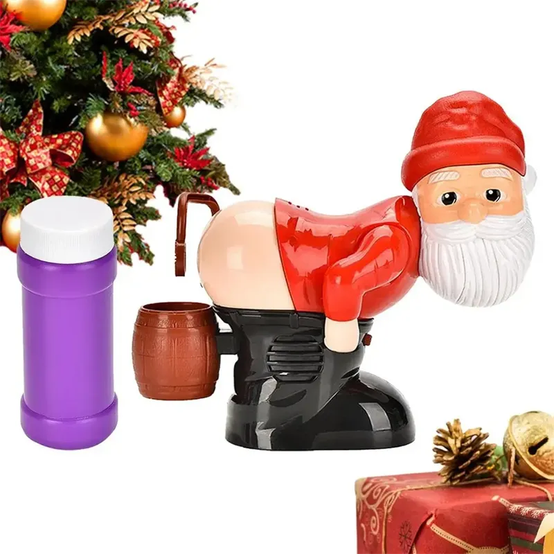Decorative gnome figurine with a purple thermos, brown mug, and Christmas tree in the background.