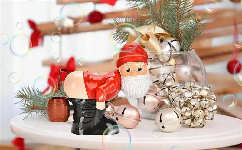 Decorative gnome figurine with red hat and black boots on a table with Christmas decorations.