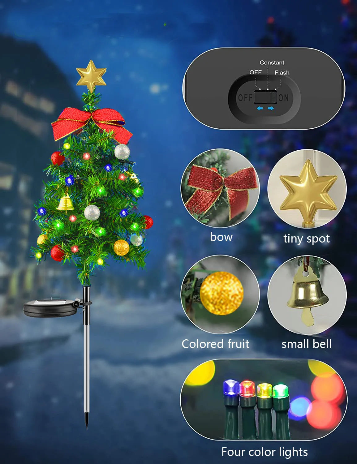 Decorative outdoor solar Christmas tree with lights and accessories on a stand against a blurred outdoor background.