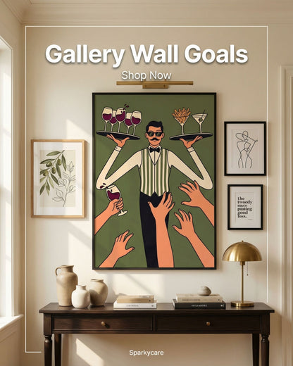 Decorative wall art with a waiter illustration in a stylish room setting.