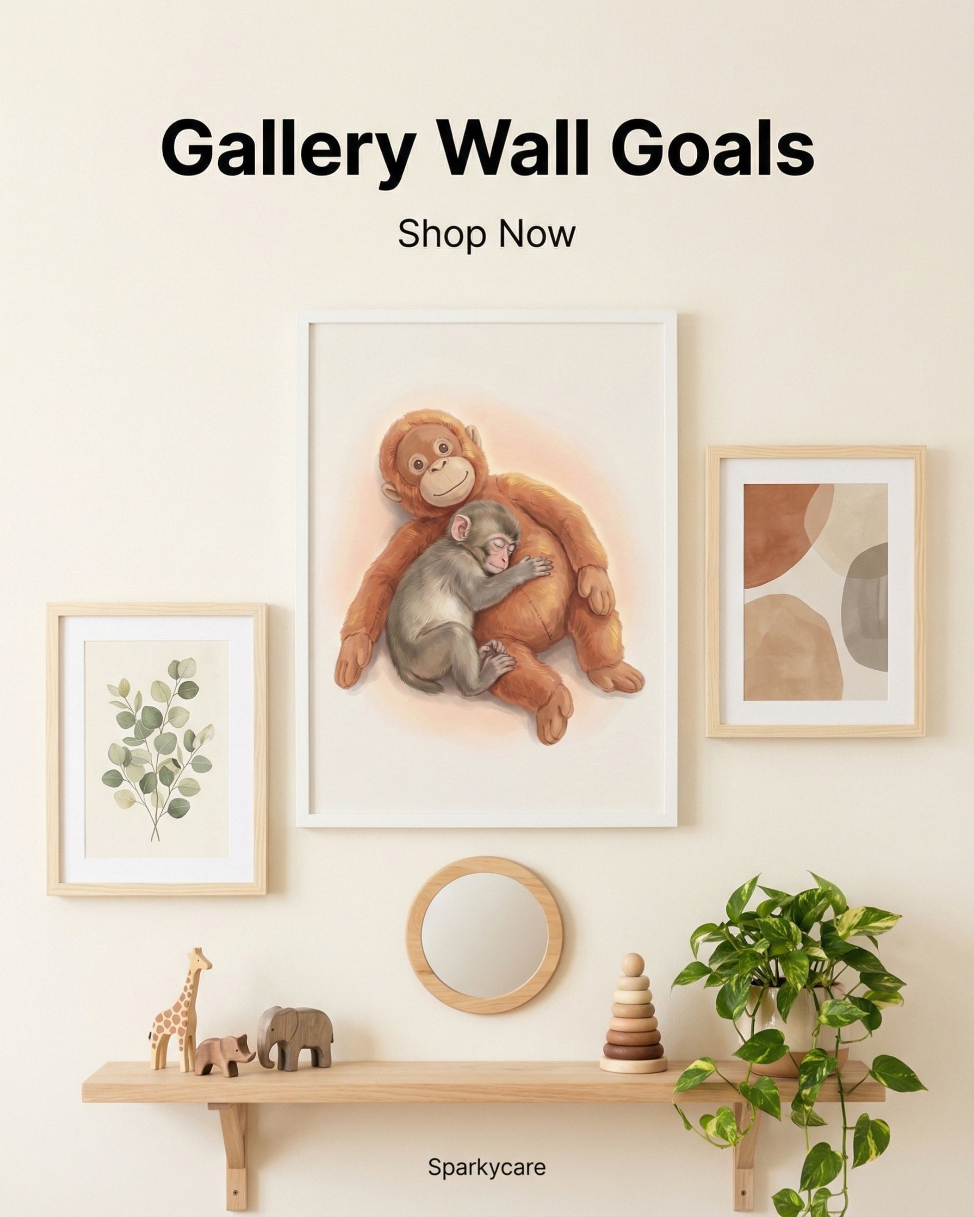 Decorative wall with framed artwork, a mirror, and a shelf with toys and plants, featuring 'Gallery Wall Goals' text.