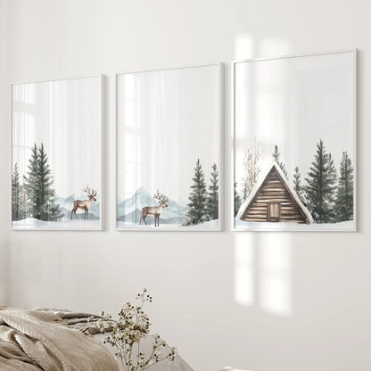 Rustic Cabin Winter Wall Art, Snowy Forest 3 Piece Set