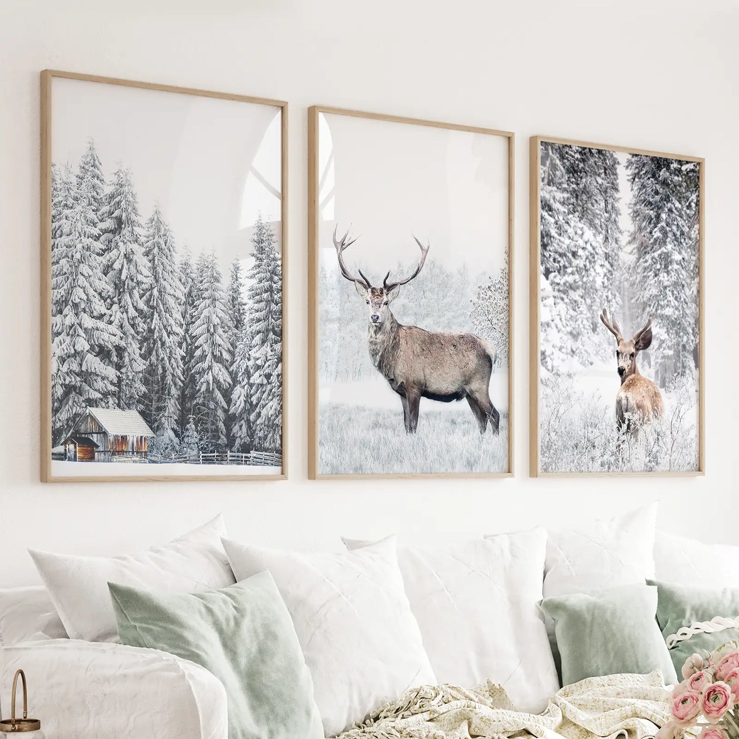 Set of 3 winter wall art prints with a deer in a snowy forest