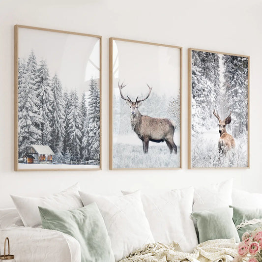 Set of 3 winter wall art prints with a deer in a snowy forest