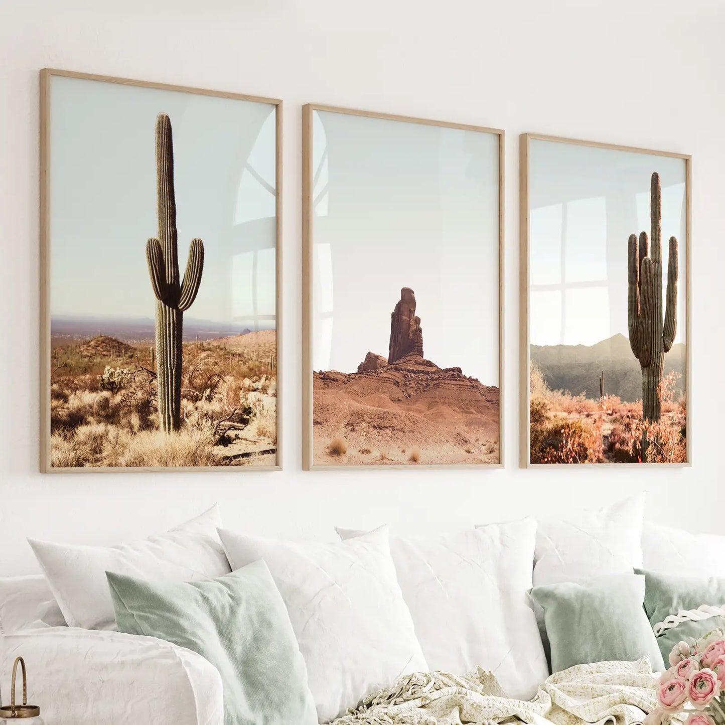 Sedona Arizona desert 3 piece wall art set with red rocks and saguaro cactus