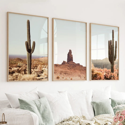 Sedona Arizona desert 3 piece wall art set with red rocks and saguaro cactus