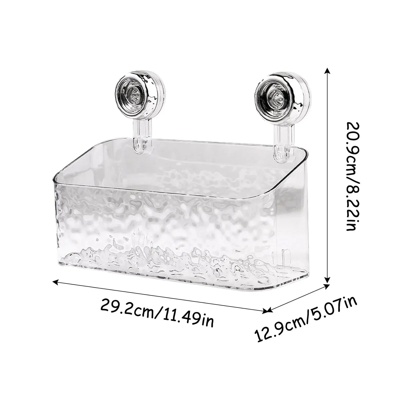 Transparent Detachable bathroom basket with two small lights on a white background, showing dimensions.