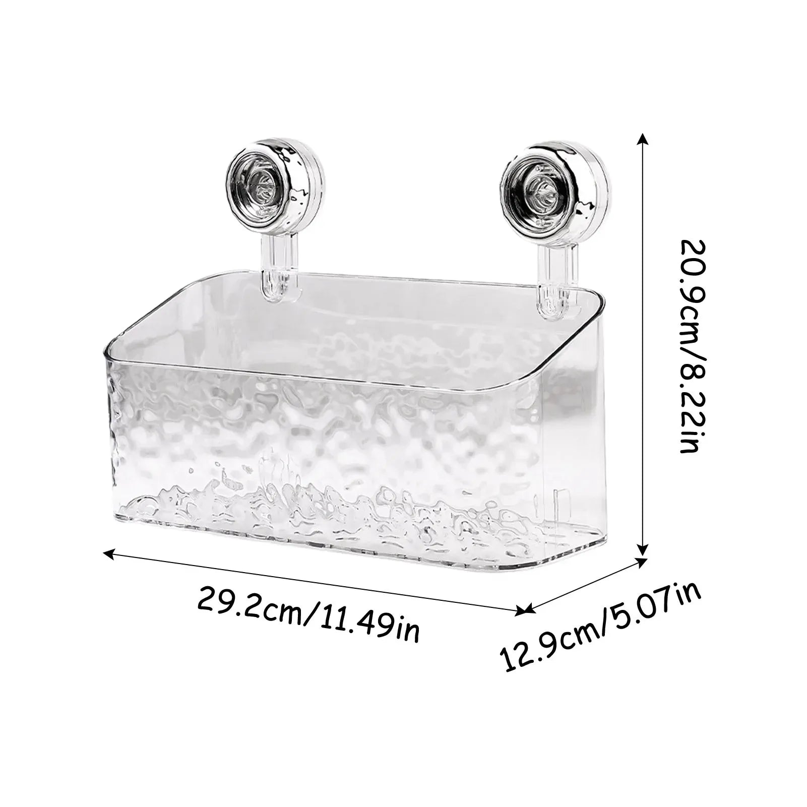 Transparent Detachable bathroom basket with two small lights on a white background, showing dimensions.
