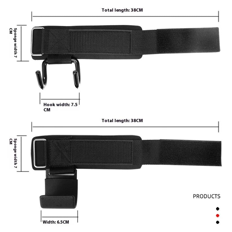 Detailed measurement diagram of fitness wrist hook strap showing 38cm length, 7cm storage width, and 6.5cm hook dimensions
