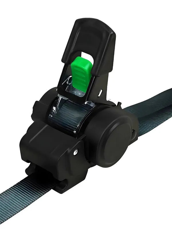 Detailed view of automatic retracting ratchet strap internals and tension control wheel, heavy duty black body