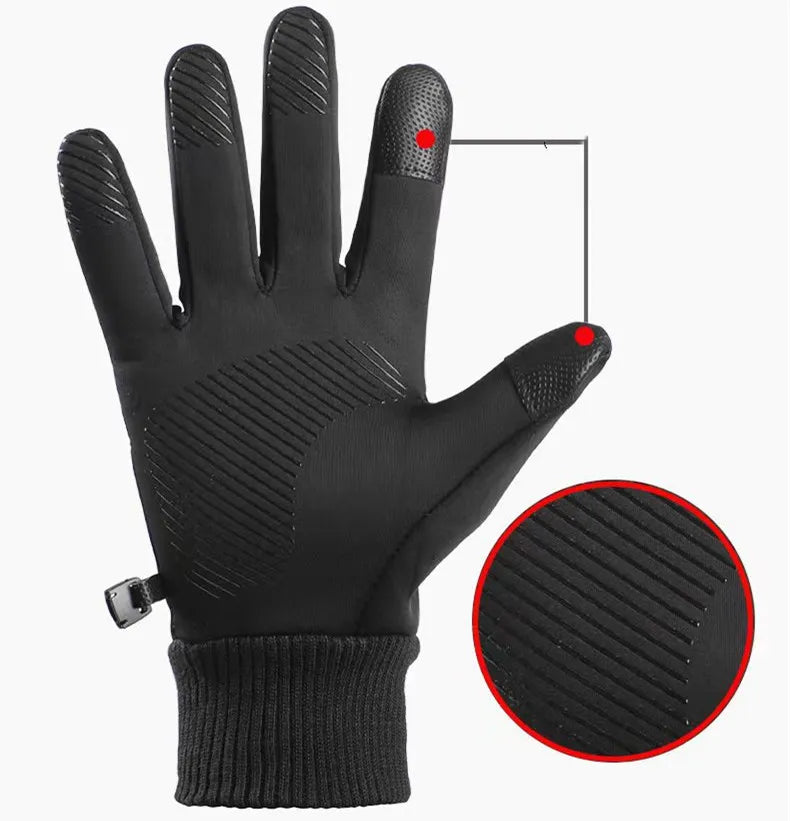 Detailed view of black anti-slip riding glove with touchscreen fingertip indicators.