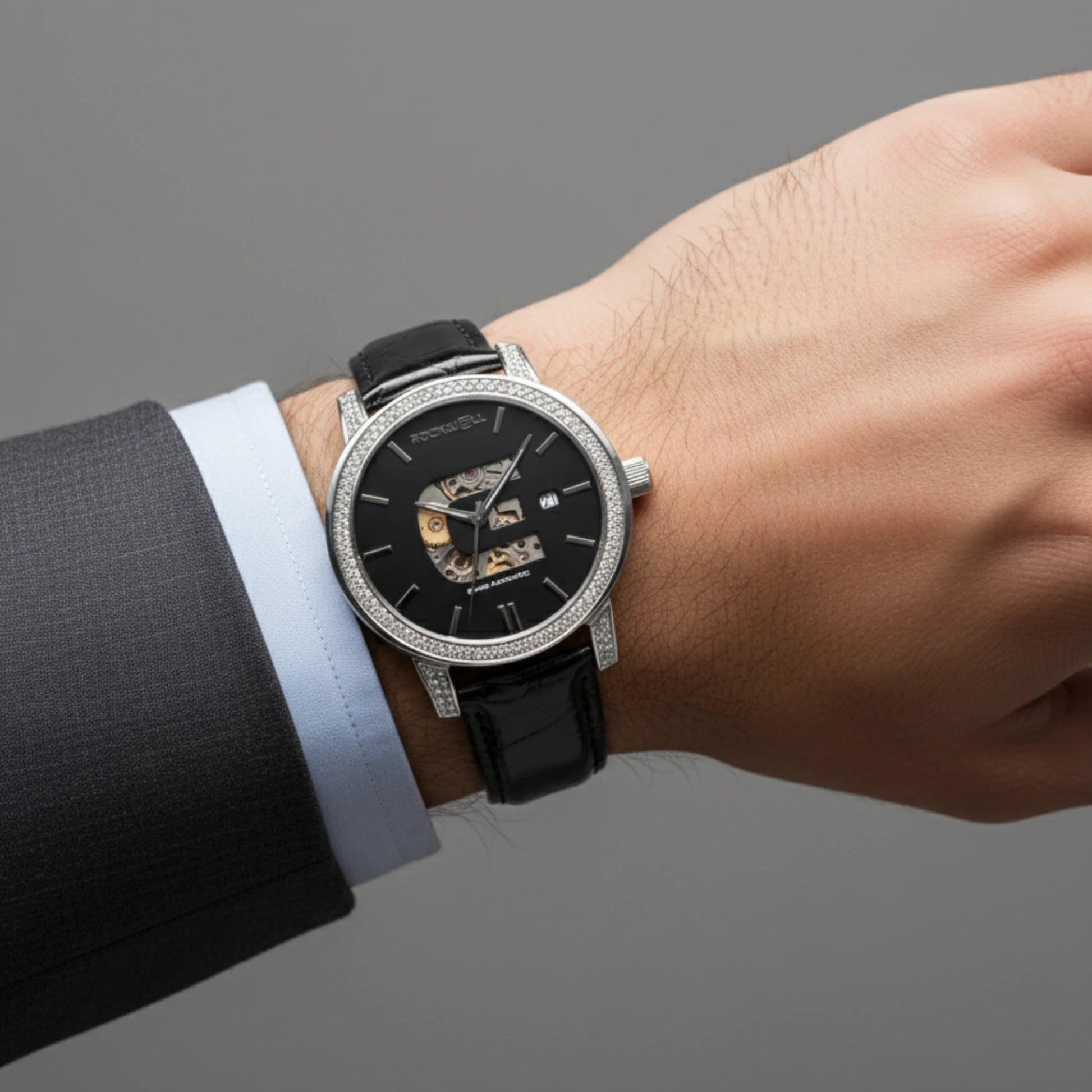 Diamond watch men with stainless steel case and genuine crocodile leather strap