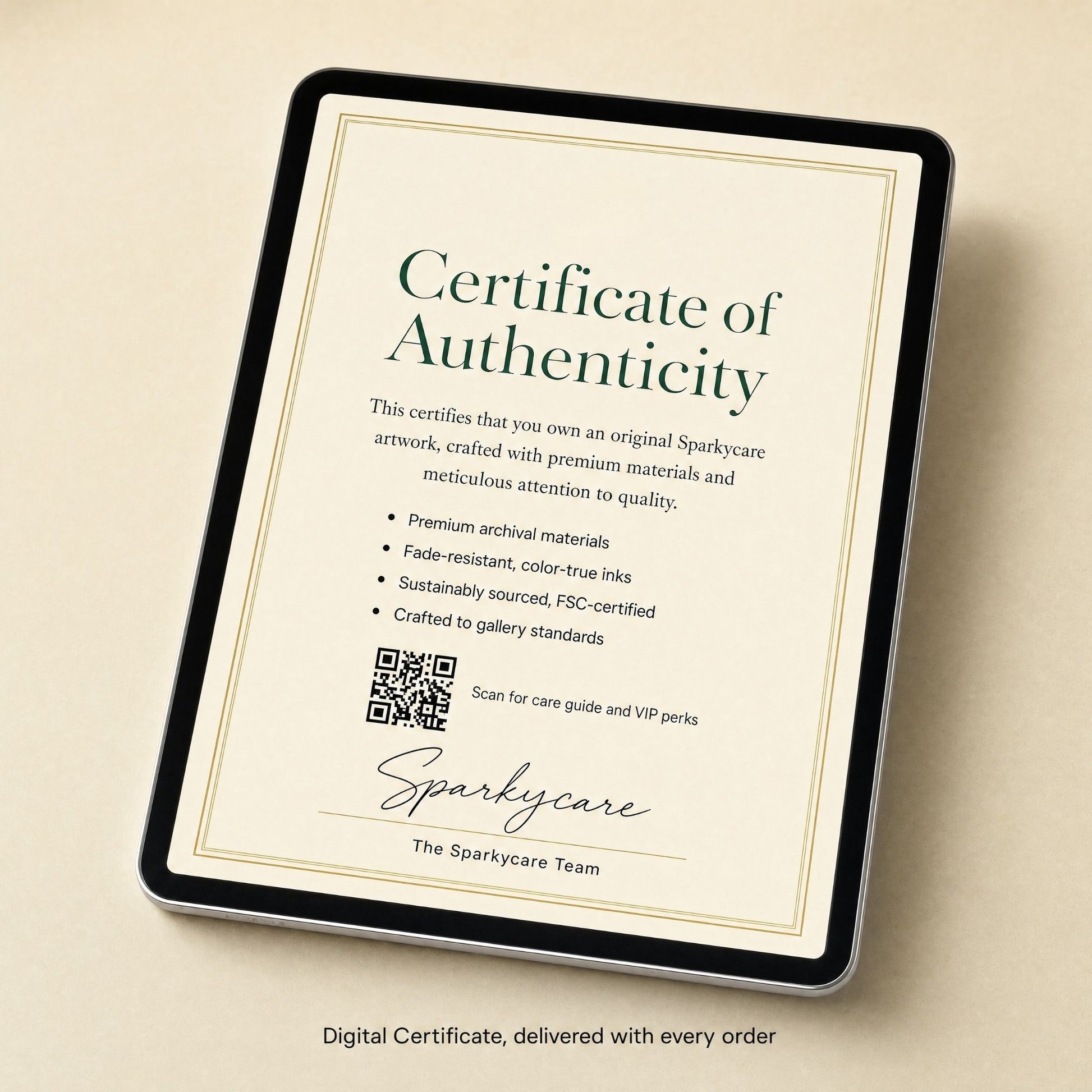 Tablet showing the digital Certificate of Authenticity included with every order