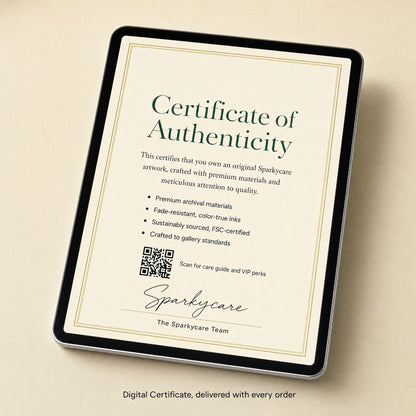 Tablet showing the digital Certificate of Authenticity included with every order