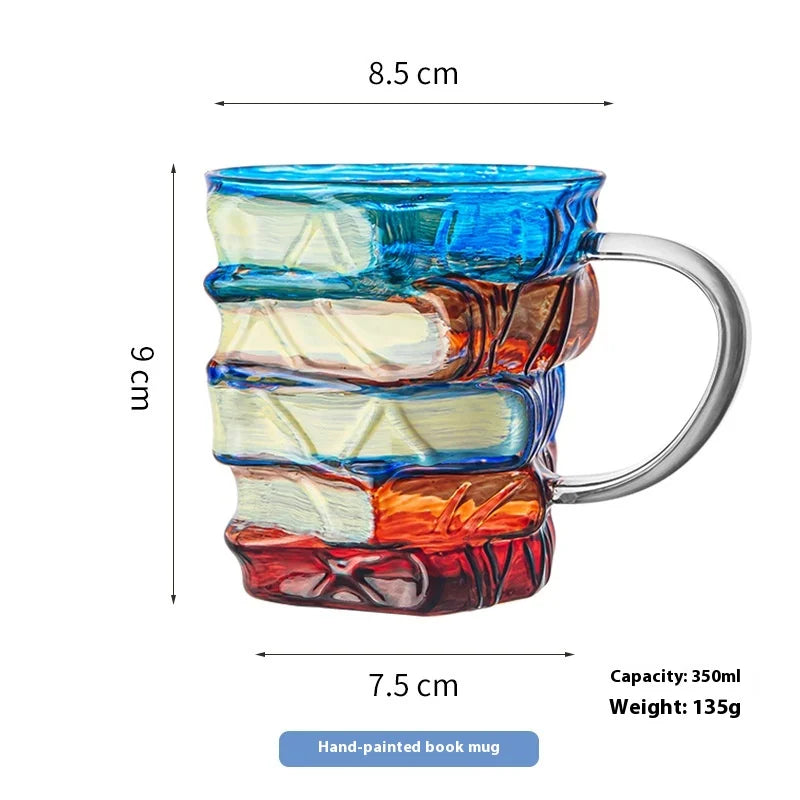 Dimensions of artistic borosilicate book mug showing 8.5 cm width and 9 cm height