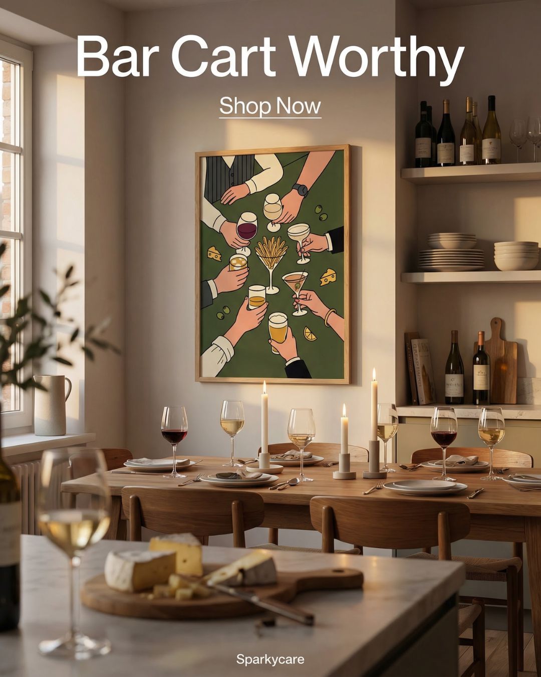 Dining room with a bar cart worthy setup, including wine glasses, cheese, and a framed artwork.