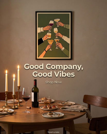 Dining room with a framed poster of people clinking glasses, candles, and wine bottles on a table.