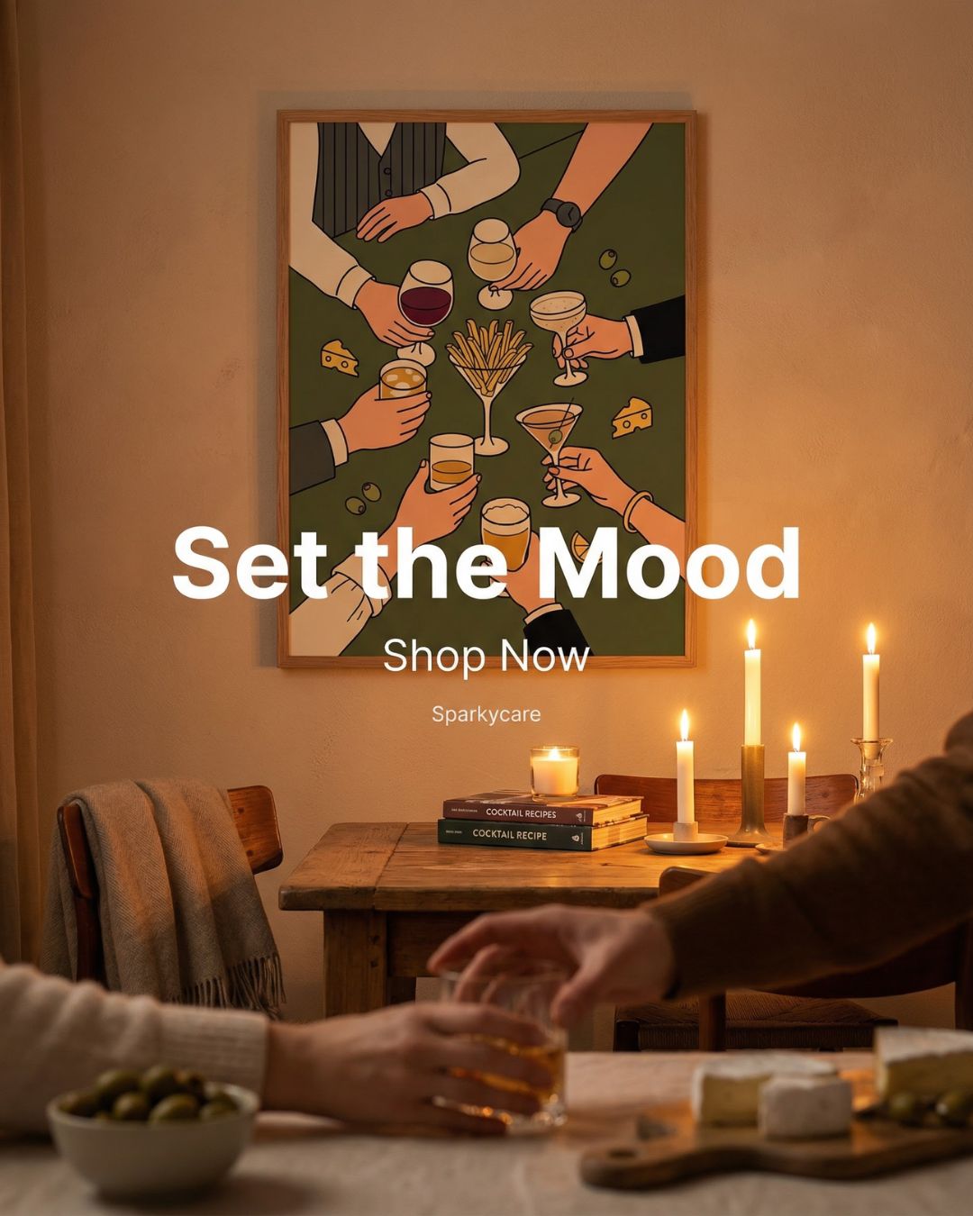 Dining room with a painting of hands holding drinks, candles, and people around a table.