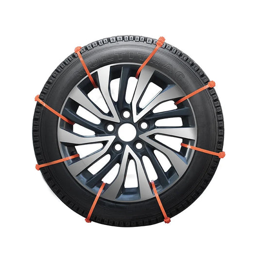 Disposable car snow chain ties installed on tire for winter traction